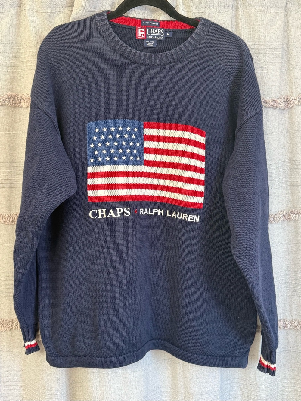 VTG Chaps Ralph Lauren USA Flag Dark Navy Hand Knit Sweater Men’s - SIZE MEDIUM